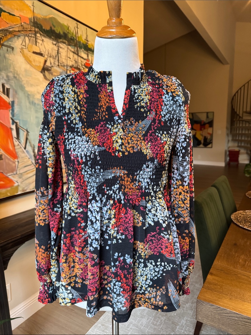 Anthropologie-Akimi +Kin Smocked Floral Peplum Tunic-Black Red, Blue & Gold Acce